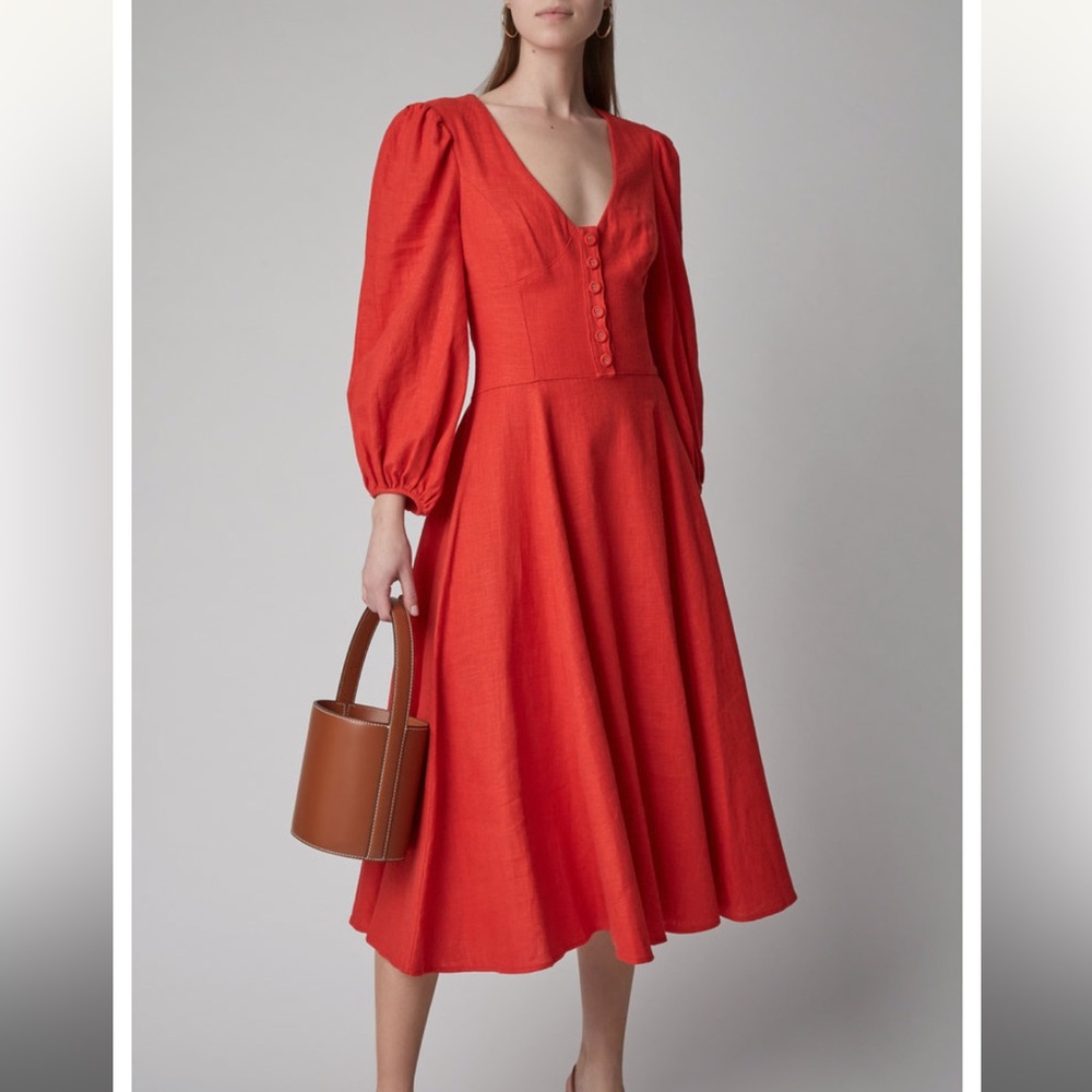 STAUD Red Midi Dress with Puff Sleeves